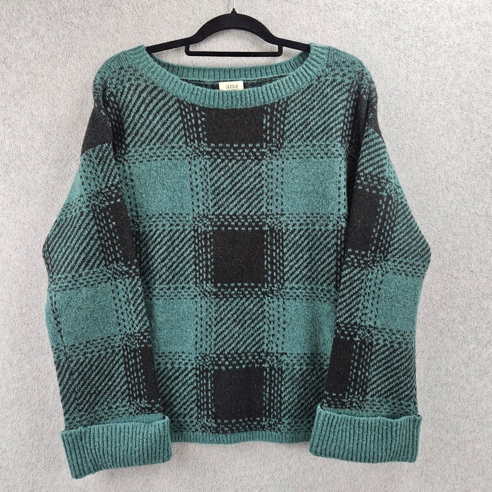 ANA | A NEW APPROACH | Womens Jungle Plaid Sweater Teal Black NWT